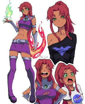 1girl :d @_@ absurdres alternate_hairstyle blush_stickers boots breasts clenched_hand clothes_writing colored_sclera colored_skin commentary crop_top dark-skinned_female dark_skin dc_comics english_text fire glowing glowing_eyes green_eyes green_fire green_sclera hand_up high_ponytail highres kekel logo long_hair looking_at_viewer medium_breasts midriff multiple_views nasa_logo navel open_mouth orange_skin parted_lips pencil_skirt ponytail purple_boots purple_shirt purple_skirt red_hair shirt short_sleeves sidelocks simple_background skirt smile starfire teen_titans thick_eyebrows thigh_boots toned toned_female torn_clothes white_background white_shirt