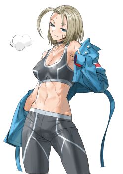 1girl absurdres ahoge armpit_crease black_choker black_leggings black_sports_bra blonde_hair blue_eyes blue_jacket breasts bright_pupils cammy_white choker cleavage commentary_request covered_erect_nipples cropped_legs hei_taiyou highres hot jacket jacket_partially_removed large_breasts leggings looking_down midriff navel short_hair solo sports_bra street_fighter street_fighter_6 sweat toned toned_female undressing