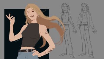 1girl absurdres alternate_costume anna_croft arm_tattoo armpits belt black_sclera black_shirt blonde_hair colored_sclera commentary denim earrings english_commentary floating_hair hand_on_own_hip highres jacket jeans jewelry long_hair midriff omniscient_reader&#039;s_viewpoint one_eye_closed pants red_eyes shirt sleeveless sleeveless_shirt tattoo umbrvx wind