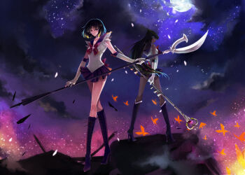 1990s_(style) 2girls bad_id bad_pixiv_id bishoujo_senshi_sailor_moon black_hair bob_cut boots bow brooch bug butterfly elbow_gloves garnet_rod gloves green_hair half_updo high_heels holding holding_polearm holding_spear holding_weapon insect jewelry knee_boots legs long_hair long_legs magical_girl meiou_setsuna multiple_girls nako_(nonrain) outer_senshi polearm purple_background purple_footwear purple_skirt red_bow retro_artstyle sailor_pluto sailor_saturn sailor_senshi shoes short_hair silence_glaive skirt spear star_brooch tiara tomoe_hotaru weapon white_gloves