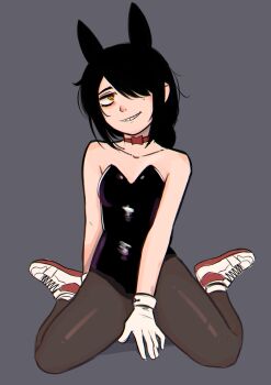 1girl absurdres animal_ears bare_shoulders black_hair black_leotard black_pantyhose bow bowtie braid braided_ponytail breasts chainsaw_man fake_animal_ears full_body gloves grey_background hair_over_one_eye highres latex latex_leotard leotard long_hair looking_to_the_side messy_hair mole mole_under_eye multicolored_shoes nayuta_(chainsaw_man) pantyhose playboy_bunny rabbit_ears red_bow red_bowtie red_shoes ringed_eyes shoes single_braid sitting small_breasts smile sneakers solo strapless strapless_leotard two-tone_shoes wariza white_gloves white_shoes yellow_eyes zero_dead_zone
