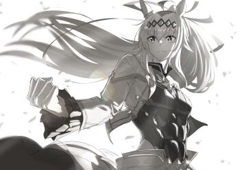 Rule 34 | 1girl, abs, absurdres, ahoge, animal ears, breasts, brooch, cleavage, closed mouth, clothing cutout, commentary request, cropped jacket, greyscale, hair between eyes, hair ornament, hair ribbon, highres, hip vent, horse ears, horse girl, jacket, jewelry, leotard, long hair, long sleeves, monochrome, neckerchief, official alternate costume, oguri cap (cinderella gray) (umamusume), oguri cap (umamusume), ponytail, ribbon, senchan 7, shorts, simple background, smile, solo, star brooch, tail, umamusume, umamusume: cinderella gray, waist cape