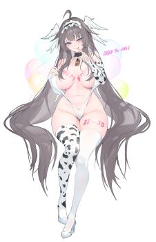 1girl ahoge animal_print asymmetrical_legwear asymmetrical_sleeves balloon black_choker black_hair black_hairband blue_eyes blush body_writing breasts choker cleavage cow_print cow_print_sleeves cow_print_thighhighs curvy dated english_text feathered_wings finger_to_mouth fingernails four_wings frilled_hairband frills hairband happy_birthday head_wings high_heels large_breasts licking_lips lips long_fingernails long_hair mole mole_under_eye navel original pendant_choker pink_pupils print_thighhighs shoes slingshot_swimsuit smile solo swimsuit thick_thighs thighhighs thighs tongue tongue_out very_long_hair white_background white_nails white_shoes white_sleeves white_slingshot_swimsuit white_thighhighs white_wings wide_hips wings zerocat