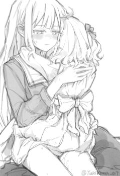 Rule 34 | 2girls, age difference, aged down, bang dream!, bang dream! it's mygo!!!!!, blush, dress, highres, hug, multiple girls, short hair, sitting, sitting on lap, sitting on person, sweat, tagme, togawa sakiko, translation request, wakaba mutsumi, yukikuma (yukikuma 018), yuri