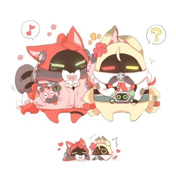 ? ^^^ alice_thymefield animal_ears bangboo_(zenless_zone_zero) blonde_hair blush cardigan chest_bow closed_eyes commentary_request flower flying_sweatdrops full_body green_eyes hair_flower hair_ornament hearing_aid heart heterochromia implied_yuri long_hair motion_lines multiple_views musical_note no_humans notice_lines pink_cardigan rabbit_ears raccoon_tail rebecca_(keinelove) red_eyes red_flower red_hair shirt simple_background sphere_hair_ornament spoken_musical_note spoken_question_mark tail twintails ukinami_yuzuha white_background white_shirt yellow_eyes zenless_zone_zero