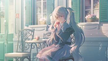 1girl 25-ji_miku amid_the_wavering_light_(project_sekai) belt black_belt black_jacket blue_gem blue_nails buttons chair coffee coffee_mug collared_dress colorful_palette cup daisy_(flower) door dot_nose dress earrings fingernails floral_print floral_print_dress flower frilled_dress frilled_jacket frilled_shirt_collar frilled_sleeves frills fur_bow game_cg gem grey_eyes grey_hair hair_ornament hair_ribbon hair_scrunchie hatsune_miku heterochromia highres jacket jewelry long_hair long_sleeves morning mug nail_polish official_alternate_costume official_art outdoors pink_flower pink_hair primrose_(flower) print_dress project_sekai ribbon ribbon-trimmed_jacket ribbon-trimmed_sleeves ribbon_trim scrunchie sidelighting sitting solo table third-party_source twintails very_long_hair vocaloid white_dress white_ribbon white_scrunchie window yellow_flower