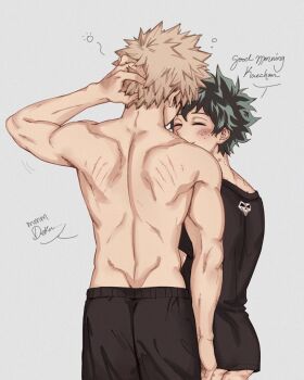 ass ass_peek bakudeku bakugou_katsuki bare_legs bite_mark blonde_hair blush boku_no_hero_academia curly_hair freckles green_hair h_erodeku hickey_marks messy_hair midoriya_izuku no_male_underwear no_shirt scratches smile spiked_hair waking_up yaoi