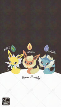 animal_focus blue_bow blue_fur bow cetacean_tail character_name english_text evolution_stone evolutionary_stone fins fire_stone fish_tail flareon forked_tail gen_1_pokemon green_bow head_fins highres jolteon meme_(sleepsheep) neck_fur nintendo no_humans orange_fur pokemon pokemon_(creature) pokemon_focus tail vaporeon water_stone yellow_bow yellow_fur