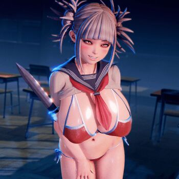 1girl 3d animated animated_gif arcadia_(arcadiamkii) bikini blonde_hair boku_no_hero_academia bouncing_breasts breasts double_bun female_focus hair_bun holding holding_knife holding_weapon honey_select huge_breasts jiggle knife large_breasts open_mouth partially_undressed smile solo swimsuit toga_himiko weapon yellow_eyes
