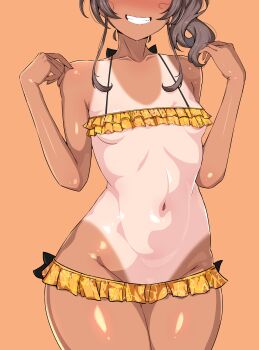 absurdres areola_slip bow bowtie brown_hair clenched_teeth commentary english_commentary grin highres hololive natsuiro_matsuri obscured_eyes orange_background orange_skirt ponytail rudeus_(steban_sharnak) side_ponytail skirt smile tagme tan tanline teeth