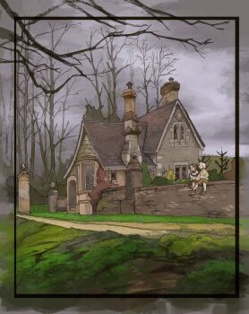 Rule 34 | 2others, bare tree, black hair, building, cloud, cloudy sky, commentary, cottage (building), crossed ankles, dirt road, english commentary, forest, gate, grey sky, highres, multiple others, nature, original, outdoors, outstretched legs, road, short hair, shorts, sitting on wall, sky, toebeez, tree, white hair