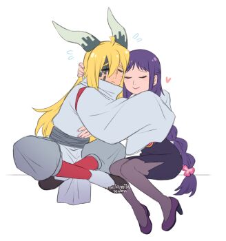 Rule 34 | 1boy, 1girl, ahoge, alternate costume, alternate hair length, alternate hairstyle, ariamikukanzaki, black pantyhose, boruto: naruto next generations, braid, braided ponytail, closed eyes, commentary, cosplay, crying, facial mark, flying sweatdrops, frown, heart, high heels, horns, hug, indian style, japanese clothes, kakei sumire, long hair, miniskirt, naruto (series), ootsutsuki momoshiki, ootsutsuki momoshiki (cosplay), pantyhose, pencil skirt, purple shoes, shoes, signature, single braid, sitting, skirt, smile, tearing up, tears, uzumaki boruto