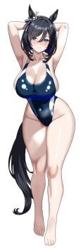 1girl animal_ears armpits arms_behind_head arms_up barefoot black_hair black_one-piece_swimsuit black_tail blue_eyes blush breasts closed_mouth commentary_request commission competition_swimsuit covered_navel ear_ornament eishin_flash_(umamusume) full_body hair_between_eyes hair_intakes haiwo highleg highleg_one-piece_swimsuit highres horse_ears horse_girl horse_tail large_breasts looking_at_viewer one-piece_swimsuit pixiv_commission short_hair simple_background skindentation smile solo standing swimsuit tail thighs toes umamusume white_background
