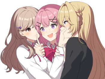 3girls @_@ amaori_renako arm_between_breasts ashigaya_high_school_uniform between_breasts black_jacket blazer blonde_hair blue_eyes bow bowtie braid breasts brown_eyes brown_hair closed_mouth collared_shirt commentary_request covering_another&#039;s_mouth finger_to_another&#039;s_mouth flower_hairpin girl_sandwich hair_intakes hair_ornament hairclip highres hiruver holding_another&#039;s_wrist jacket long_hair long_sleeves medium_hair multiple_girls nape_braid neck_ribbon ouzuka_mai parallel_hairclips pink_bow pink_bowtie pink_hair purple_eyes red_bow red_bowtie red_ribbon ribbon sandwiched school_uniform sena_ajisai shirt side_braid sidelocks simple_background smile swept_bangs upper_body watashi_ga_koibito_ni_nareru_wake_naijan_murimuri! wavy_hair white_background white_shirt x_hair_ornament yuri
