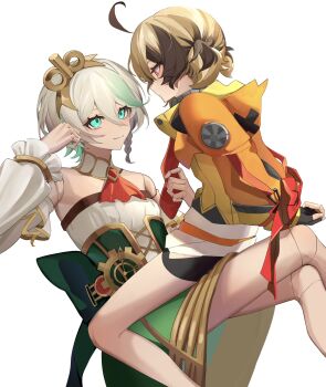 2girls ahoge arms_behind_back ascot back_bow back_ribbon bike_shorts bound bound_wrists bow brown_hair cecilia_immergreen cecilia_immergreen_(1st_costume) chest_belt clockwork clothing_cutout corset crinoline cross-laced_clothes cross-laced_corset cuffs detached_collar doll_joints eye_contact fingerless_gloves frilled_sleeves frilled_wrist_cuffs frills gears gigi_murin gigi_murin_(1st_costume) gloves green_eyes green_skirt green_streaks grey_hair hand_on_own_cheek hand_on_own_face handcuffs highres hip_vent hololive hololive_english hood hoodie joints light_brown_hair looking_at_another multicolored_hair multiple_girls necktie off_shoulder orange_hoodie pink_eyes red_ascot short_hair short_twintails sitting sitting_on_person skirt streaked_hair sumi_1800 twintails two-tone_hair virtual_youtuber winding_key wrist_cuffs yuri