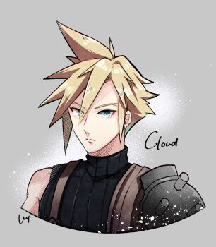 1boy armor black_sweater blonde_hair blue_eyes character_name closed_mouth cloud_strife commentary_request cropped_torso earrings final_fantasy final_fantasy_vii final_fantasy_vii_remake jewelry looking_at_viewer male_focus short_hair shoulder_armor signature sin_3794 sleeveless sleeveless_turtleneck solo spiked_hair stud_earrings suspenders sweater turtleneck turtleneck_sweater upper_body