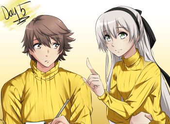 Rule 34 | 1boy, 1girl, ao no kiseki, brown hair, countdown, couple, eiyuu densetsu, elie macdowell, green eyes, grey hair, hair between eyes, hairband, highres, light smile, lloyd bannings, long hair, matching outfits, mullet, simple background, spirit rise, white hair, zero no kiseki