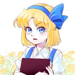 Rule 34 | 1girl, absurdres, aged down, alice margatroid, alice margatroid (pc-98), blonde hair, blue eyes, blue hairband, blue ribbon, book, collared shirt, commentary request, eyelashes, fingernails, frilled shirt collar, frills, grimoire of alice, hair ribbon, hairband, highres, holding, holding book, lovelobten, open mouth, parted bangs, parted lips, puffy short sleeves, puffy sleeves, ribbon, shirt, short sleeves, simple background, skirt, solo, suspender skirt, suspenders, touhou, touhou (pc-98), upper body, white background, white shirt