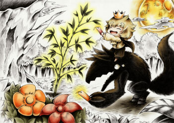 Rule 34 | 1boy, ascot, bamboo, blind prince, blonde hair, chibi, closed eyes, cloud, crown, flower, forest, full moon, glowing, hidefu kitayan, holding, holding tanzaku, leaf, liar princess, liar princess (wolf form), long sleeves, moon, nature, night, open mouth, outdoors, shirt, sitting on animal, tanabata, tanzaku, thick eyebrows, usotsuki hime to moumoku ouji, wolf