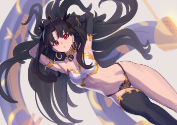 1girl absurdres anonds31 armlet armpits arms_behind_head arms_up asymmetrical_legwear bikini black_hair breasts commentary detached_sleeves earrings fate/grand_order fate_(series) highres hoop_earrings ishtar_(fate) jewelry long_hair looking_at_viewer medium_breasts navel neck_ring parted_bangs red_eyes simple_background single_thighhigh solo swimsuit thighhighs tiara two_side_up