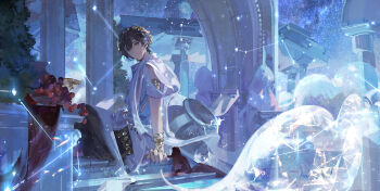 1boy absurdres ancient_greek_clothes arch architecture arm_support armlet ayn_alwyn belt black_hair black_robe bracelet bracer chalice chinese_commentary closed_mouth constellation cup feet_out_of_frame food from_side fruit fruit_bowl gold_armlet gold_belt gold_bracelet grapes greco-roman_architecture greco-roman_clothes hair_between_eyes highres jewelry laurel_crown light_particles light_smile looking_at_viewer looking_to_the_side lovebrush_chronicles male_focus mrradon multiple_bracelets night pillar pond red_eyes robe short_hair short_sleeves sitting sky solo star_(sky) starry_sky tree vase water white_robe