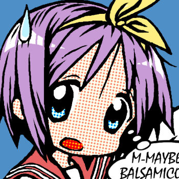 1girl blue_background blue_eyes comic_strip female_focus fine_art_parody hairband halftone hiiragi_tsukasa leica_(leica_xx) looking_at_viewer lucky_star parody pop_art portrait purple_hair roy_lichtenstein school_uniform serafuku short_hair simple_background solo sweatdrop