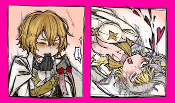 Rule 34 | 1boy, 1girl, ahegao, armor, armpit crease, arms at sides, arrow (symbol), ascot, asymmetrical bangs, biting, biting clothes, black ascot, blonde hair, blunt bangs, blush, breasts, cleavage, coat, coat on shoulders, collared coat, commentary request, facial mark, forehead mark, fucked silly, grey eyes, grey hair, hair between eyes, heart, heart-shaped pupils, highres, implied sex, kromer (project moon), large breasts, limbus company, motion lines, multicolored hair, n corp. fanatic (identity) (project moon), one eye closed, open collar, pauldrons, pink background, pink pupils, plunging neckline, project moon, red eyes, rolling eyes, saliva, sascha, shirt, short hair, shoulder armor, sideboob, sinclair (project moon), single pauldron, squinting, star ornament, streaked hair, sweat, symbol-shaped pupils, tearing up, tears, teeth, tongue, tongue out, uneven eyes, upper teeth only, wax seal, white coat, white shirt, white sleeves