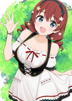 1girl absurdres bare_shoulders black_corset blue_eyes bracelet breasts commentary_request corset cross-laced_clothes cross-laced_corset dress emma_verde evergreen_(love_live!) flower freckles green_headband hair_flower hair_ornament headband highres jewelry kurono_(pixiv1905129) large_breasts leaf leaf_background love_live! love_live!_nijigasaki_high_school_idol_club open_mouth red_hair short_sleeves solo twirling_hair upper_body white_dress