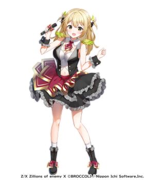 Rule 34 | 1girl, black boots, black jacket, black skirt, blonde hair, boots, breasts, cana (z/x), cleavage, commentary request, copyright name, copyright notice, crop top, feathered wings, frilled skirt, frills, green wings, grey skirt, holding, holding microphone, idol clothes, jacket, kneehighs, large breasts, long hair, microphone, mini wings, multicolored skirt, navel, official art, open clothes, open jacket, open mouth, red skirt, skirt, sleeveless, sleeveless jacket, socks, solo, translation request, two side up, white background, wings, yaki mayu, yellow eyes, z/x