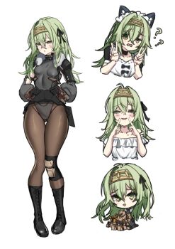 1girl ? absurdres alternate_costume apron armored_gloves belt_pouch black_bodysuit black_ribbon black_skirt blush bodysuit boots breasts brown_pantyhose chibi clothes_lift double_v dress enmaided fur_collar gluteal_fold goddess_of_victory:_nikke green_eyes green_hair hair_ribbon hairband highres humanoid_robot kilo_(nikke) long_hair long_sleeves looking_at_viewer maid maid_headdress mecha mikan_houri multiple_views pantyhose pouch ribbon robot skin_tight skirt skirt_lift small_breasts sweatdrop talos_(nikke) thigh_boots thigh_gap v wavy_mouth white_apron white_dress