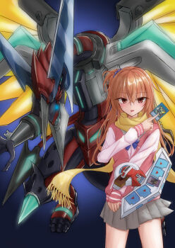 Rule 34 | 1girl, :d, absurdres, blue background, blue bow, blue bowtie, blue scrunchie, blush, borrelsword dragon, bow, bowtie, card, commentary request, cowboy shot, crossover, duel disk, eyes visible through hair, fringe trim, grey skirt, hair between eyes, hair ornament, hair scrunchie, hand up, highres, holding, holding card, inaba meguru, jacket, letterman jacket, long hair, long scarf, looking at viewer, miniskirt, mkn yu, one side up, open mouth, orange hair, pink jacket, pleated skirt, red eyes, sanoba witch, scarf, school uniform, scrunchie, simple background, skirt, sleeves past wrists, smile, solo, tsurime, white sleeves, yu-gi-oh!