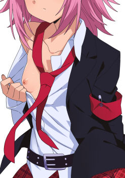 1girl belt black_belt black_jacket breasts collarbone head_out_of_frame highres hinamori_amu jacket morisobo necktie nipples no_bra pink_hair red_necktie red_skirt shirt short_hair shugo_chara! simple_background skirt small_breasts solo white_background white_shirt