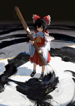 Rule 34 | 1girl, absurdres, ascot, black hair, black shoes, bow, calligraphy, calligraphy brush, commentary request, detached sleeves, frilled bow, frilled hair tubes, frilled skirt, frills, full body, hair bow, hair tubes, hakurei reimu, highres, holding, holding calligraphy brush, holding paintbrush, koukouya, long hair, mary janes, oversized object, paintbrush, red bow, red skirt, ribbon-trimmed sleeves, ribbon trim, shoes, skirt, skirt set, socks, solo, touhou, white socks, yellow ascot