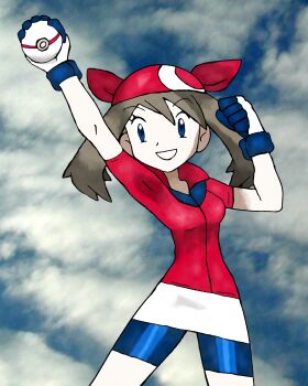 1girl absurdres amayzing2002 arm_up bandana bike_shorts bike_shorts_under_shorts blue_eyes braid brown_hair gloves highres holding holding_poke_ball may_(pokemon) medium_hair nintendo poke_ball pokemon pokemon_rse red_bandana red_shirt shirt shorts simple_background sky smile solo standing twin_braids white_gloves