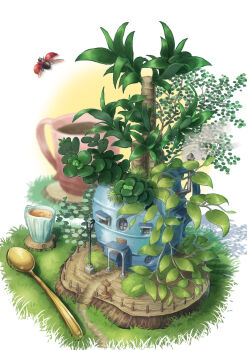 absurdres bug building chimney coffee coffee_mug cup fantasy grass highres house insect ladybug lamppost leaf mug murakoyafactory no_humans original path plant road round_window scenery simple_background smoke teaspoon white_background window