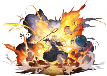 1girl absurdres ambrosia_(dungeon_meshi) belt blonde_hair blue_capelet blue_hood blue_robe book border braid brown_belt capelet choker dungeon_meshi elf explosion fighting_stance game_cg green_eyes highres holding holding_staff hood hood_down hooded_capelet long_hair marcille_donato non-web_source official_art outstretched_arm outstretched_hand pointy_ears red_choker robe sandals staff stop_(gesture) sword_of_convallaria transparent_border twin_braids walking_mushroom_(dungeon_meshi)