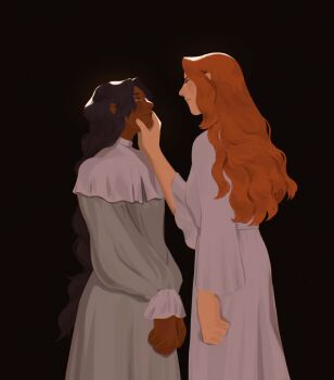 2girls arisugawa_juri bindi black_hair commentary dark-skinned_female dark_skin english_commentary grabbing_another's_chin hand_on_another's_chin highres himemiya_anthy long_hair long_sleeves looking_at_another multiple_girls nightgown orange_hair shoujo_kakumei_utena simple_background tcryla very_long_hair wavy_hair white_nightgown yuri