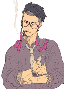 Rule 34 | 1boy, arm tattoo, arms up, black-framed eyewear, black hair, cigarette, collared shirt, commentary, corbeau (pokemon), glasses, highres, kishima pk, looking to the side, male focus, necktie, nintendo, parted hair, parted lips, pokemon, pokemon legends: z-a, purple shirt, rolling sleeves up, round eyewear, shirt, short hair, sideways glance, simple background, smoke, smoke trail, smoking, symbol-only commentary, tassel, tattoo, upper body, watch, white background, white necktie, wing collar, wristwatch, yellow eyes