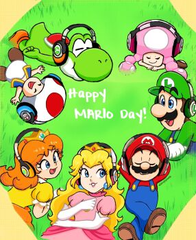 3boys 3girls blonde_hair blue_eyes brown_hair closed_eyes crown daisydylan06 dress earphones earrings facial_hair flower_earrings gloves grass grin hat highres jewelry long_hair looking_at_another luigi lying mario mario_(series) multiple_boys multiple_girls mustache nintendo orange_dress overalls pink_dress princess_daisy princess_peach puffy_short_sleeves puffy_sleeves short_sleeves smile super_mario_bros._wonder toad_(mario) toadette twintails yoshi