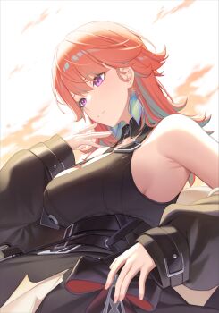 1girl absurdres arknights armpit_crease belt black_belt black_dress black_jacket breasts cleavage closed_mouth colored_inner_hair commentary cosplay detached_collar dress earrings english_commentary feather_earrings feathers gradient_hair green_feathers green_hair hair_flaps hand_up highres hololive hololive_english jacket jewelry large_breasts long_hair multicolored_hair multiple_belts off_shoulder orange_hair purple_eyes resu_desu sleeveless sleeveless_dress smile solo surtr_(arknights) surtr_(arknights)_(cosplay) takanashi_kiara upper_body virtual_youtuber