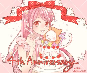 1girl absurdres ahoge animal animal_on_shoulder anniversary argyle_border artist_name balloon bare_arms bare_shoulders bead_necklace beads border bow bowtie brown_eyes cake cat cat_on_shoulder cloak clothed_animal collared_shirt commentary_request dot_nose ear_covers eyelashes floral_print flower flower_necklace food fork frilled_shirt frilled_shirt_collar frills fruit grin highres holding holding_fork holding_plate hood hood_up hooded_cloak jewelry lipstick long_hair long_sidelocks makeup miksakurano miracle_nikki momo_(nikki) necklace nikki_(nikki) nikki_(series) number_candle official_art pink_border pink_bow pink_bowtie pink_flower pink_hair pink_lips pink_rose pink_shirt plate print_shirt rose rose_print second-party_source shirt sidelocks sleeveless sleeveless_shirt smile star_(symbol) strawberry tareme upper_body very_long_hair wavy_hair whiskers white_background white_cat yellow_cloak