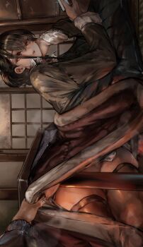 1girl 1other absurdres black_hair black_thighhighs brown_hair commentary_request hair_between_eyes hair_over_one_eye hand_on_own_face highres holding holding_phone implied_nopan indoors kotatsu looking_at_viewer lying on_back open_mouth original phone short_hair soleil_(soleilmtfbwy03) table thighhighs washitsu