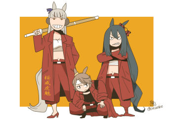 Rule 34 | 3girls, animal ears, black eyes, black hair, blunt bangs, brown eyes, brown hair, chest sarashi, closed mouth, coat, commentary request, crop top, delinquent, ear scrunchie, earmuffs, full body, gold ship (umamusume), grey hair, grin, hishi amazon (umamusume), horse ears, horse girl, horse tail, long hair, looking at viewer, midriff, multiple girls, narita taishin (umamusume), navel, no sclera, onikobe rin, open clothes, open coat, orange background, pants, red coat, red pants, sarashi, sharp teeth, short hair, smile, squatting, standing, tail, teeth, two-tone background, umamusume, very long hair