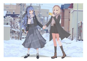 2girls absurdres ampheta bang_dream! bang_dream!_it's_mygo!!!!! black_jacket black_ribbon black_shoes black_shorts black_socks blonde_hair blue_hair border brown_shoes cellphone chinese_commentary commentary_request grey_scarf grey_skirt hair_between_eyes hair_ribbon highres hokkaido holding holding_hands holding_phone jacket long_hair medium_hair misumi_uika multiple_girls open_mouth outdoors outside_border phone photo_background purple_eyes real_world_location ribbon scarf shoes shorts skirt smartphone snow socks togawa_sakiko white_border white_socks yellow_eyes