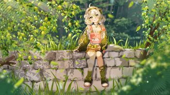 1girl ahoge animal_ears brick_wall bush earrings ferret_ears ferret_girl food fruit grass green_eyes green_hair green_tail hairband highres indie_virtual_youtuber jewelry laimu_(vtuber) leg_warmers lime_(fruit) mouna_shine necklace outdoors overalls pink_overalls single_earring sitting sitting_on_wall suspenders_hanging thigh_strap thighhighs tree twintails two-tone_tail virtual_youtuber white_hair white_tail