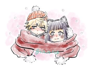 1boy 1girl :3 animal_ears black_hair blonde_hair blush brown_eyes cat_ears earmuffs eyebrows_hidden_by_hair face_mask fake_animal_ears hetero highres hime_cut kanade_rindo mask mouth_mask sakurane_shoka scarf sharing shin_subarashiki_kono_sekai smile snonx28 snowing subarashiki_kono_sekai winter_clothes