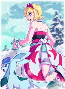 1girl :d artbenbeau blonde_hair blue_eyes blush bracelet cloud commentary day gen_4_pokemon glaceon hairband happy highres irida_(pokemon) jewelry leg_up nintendo open_mouth outdoors pokemon pokemon_(creature) pokemon_legends:_arceus sash shoes short_hair shorts shoulder_blades sky smile snow standing standing_on_one_leg tree waist_cape