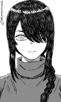 1girl braid braided_ponytail chainsaw_man commentary hair_over_one_eye hair_over_shoulder hatching_(texture) highres linear_hatching nayuta_(chainsaw_man) portrait ringed_eyes seveninks sidelocks single_braid smile solo straight-on turtleneck twitter_username