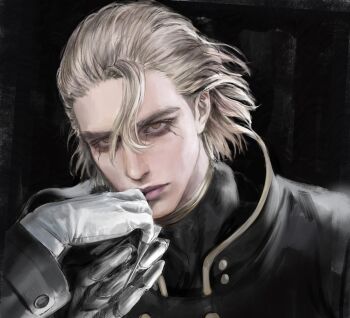 Rule 34 | 1boy, blonde hair, character request, check character, check copyright, chinese commentary, commentary request, copyright request, cracked skin, dr. stone, gloves, hair slicked back, highres, lips, looking at viewer, male focus, nose, realistic, shadowlove67420, short hair, solo, stanley snyder (dr.stone), white gloves