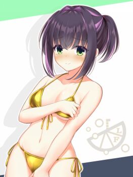 Rule 34 | 1girl, alternate costume, alternate hairstyle, asagi nanami, bikini, black hair, blush, breasts, closed mouth, commentary request, covering breasts, covering crotch, covering privates, cowboy shot, crossed bangs, drop shadow, dutch angle, embarrassed, eyelashes, eyes visible through hair, front-tie bikini top, front-tie top, furrowed brow, gold bikini, green eyes, hair between eyes, hair intakes, halterneck, hand up, highres, limelight lemonade jam, looking at viewer, medium breasts, medium hair, mole, mole under eye, multicolored hair, nabari anju, navel, nose blush, outline, pink streaks, ponytail, side-tie bikini bottom, sidelocks, simple background, solo, split mouth, stomach, straight hair, streaked hair, swimsuit, underboob, white background, white outline